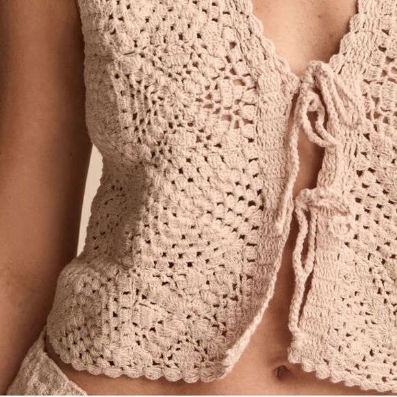 Lucky Brand XL Blush Pink Square Crochet Front Tie Cropped Festival Vest - Picture 7 of 15
